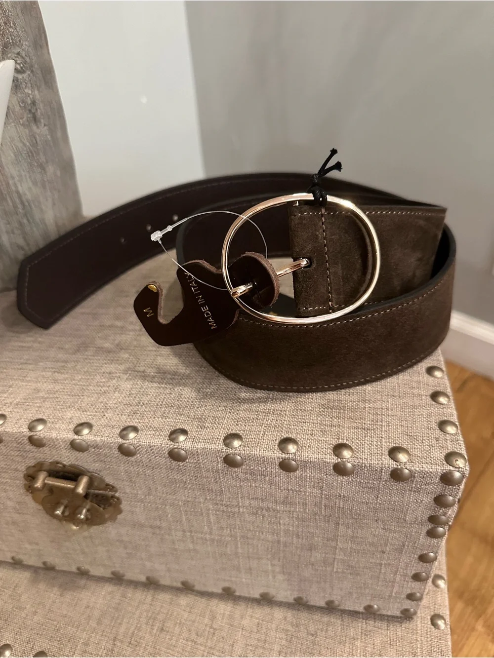 Italian-Made Brown Suede Women’s Belt with Gold Ring Buckle